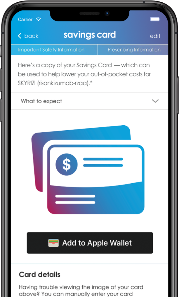 Visual of Skyrizi Savings Card in App